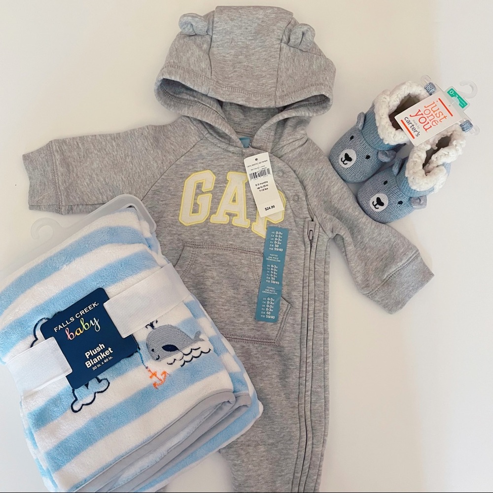 Baby blanket, footed one piece and shoes bundle